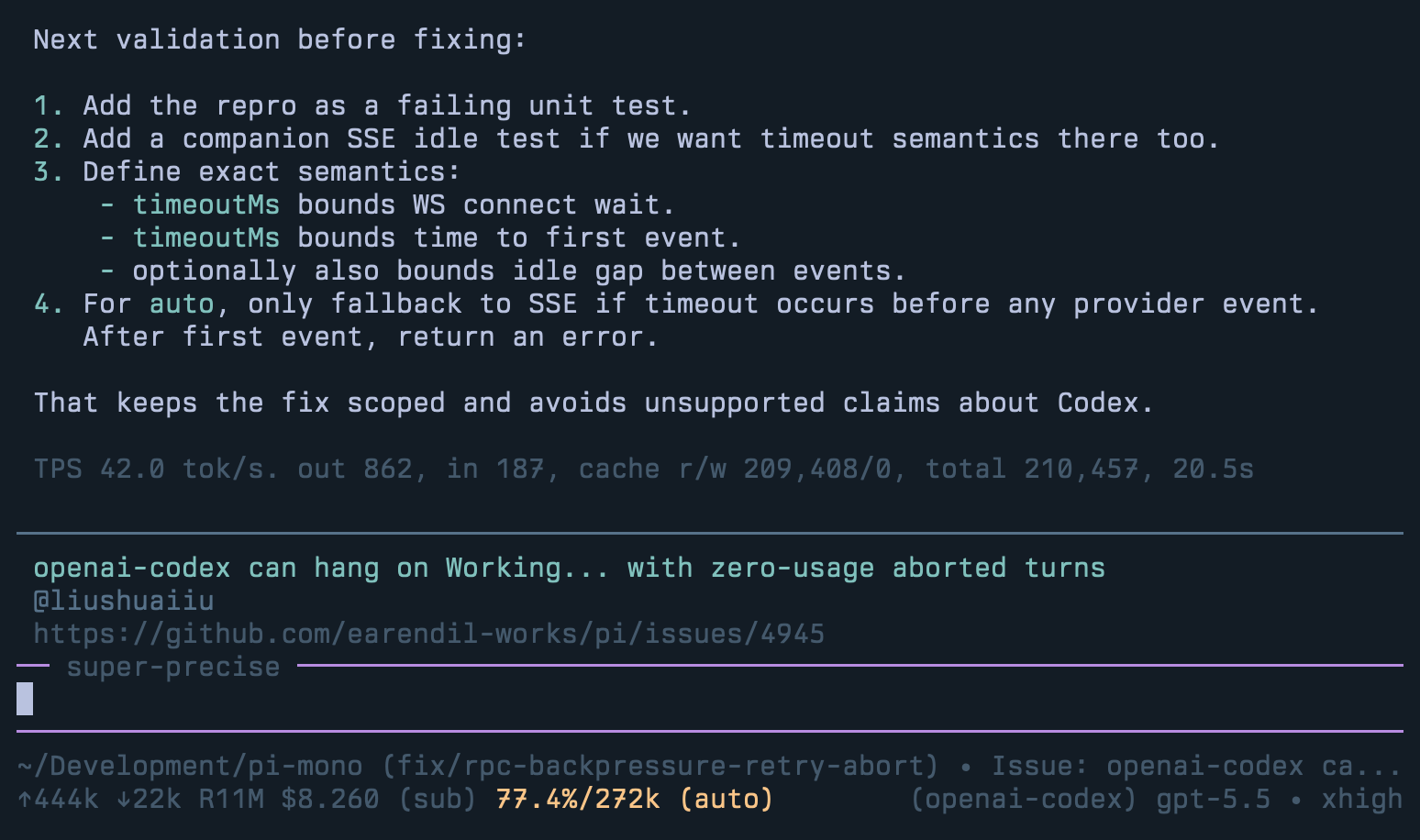 Pi terminal session showing an agent analysis with a GitHub issue widget displaying the issue title, author, and URL.
